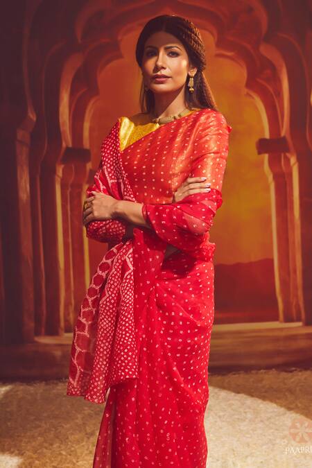 Buy Paaprika Red Organza Bandhani Scatter Saree With Running Blouse Piece Online at Aza Fashions Buy_Paaprika_Red Organza Bandhani Scatter Saree With Running Blouse Piece_Online_at_Aza_Fashions