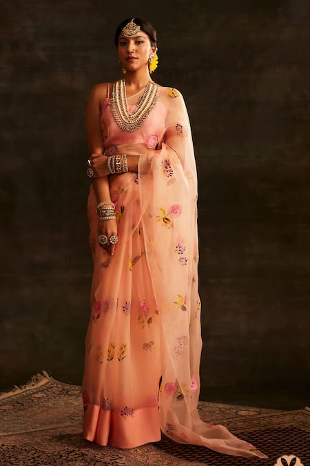 Paaprika Peach Organza Handpainted Floral Saree With Running Blouse Piece 