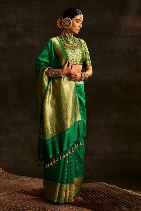 Paaprika_Green Silk Zari Floral Butti Handwoven Saree With Running Blouse Piece _Online_at_Aza_Fashions