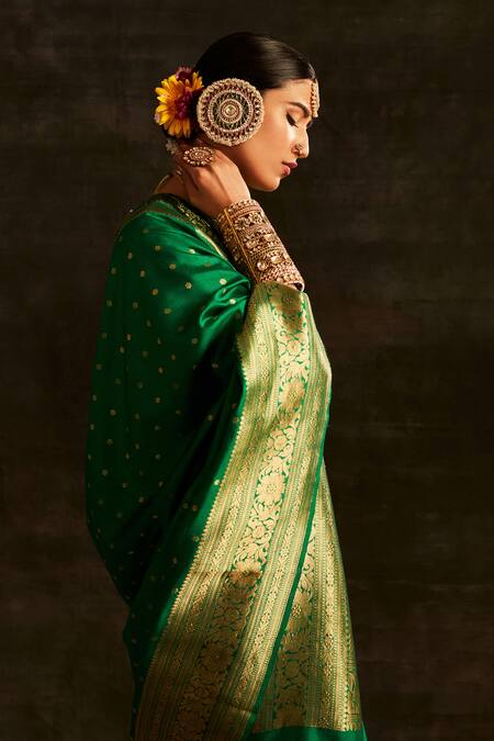 Shop_Paaprika_Green Silk Zari Floral Butti Handwoven Saree With Running Blouse Piece _Online_at_Aza_Fashions