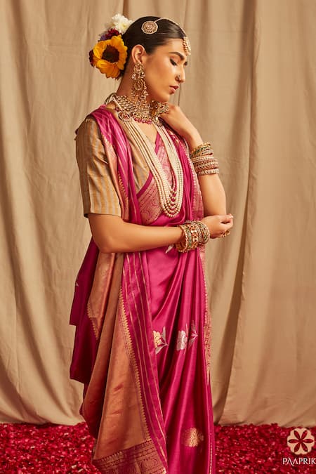 Paaprika_Magenta Silk Zari Floral Handwoven Banarasi Saree With Running Blouse Piece _Online_at_Aza_Fashions