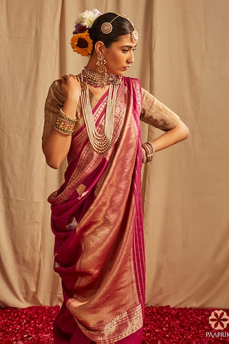 Buy_Paaprika_Magenta Silk Zari Floral Handwoven Banarasi Saree With Running Blouse Piece _Online_at_Aza_Fashions