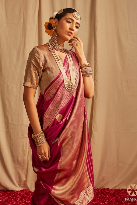 Shop_Paaprika_Magenta Silk Zari Floral Handwoven Banarasi Saree With Running Blouse Piece _Online_at_Aza_Fashions