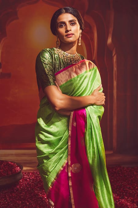 Paaprika_Green Silk Zari Handwoven Checkered Saree With Running Blouse Piece _Online_at_Aza_Fashions