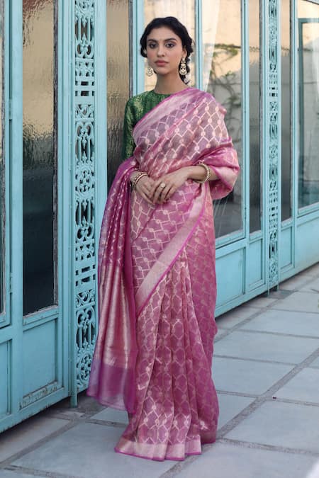 Paaprika Floral Geometric Woven Saree With Running Blouse Piece 