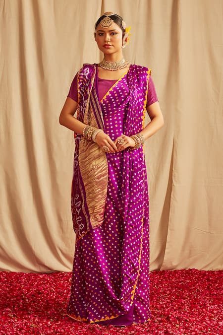 Paaprika Purple Silk Bandhani Pattern Saree With Running Blouse Piece 