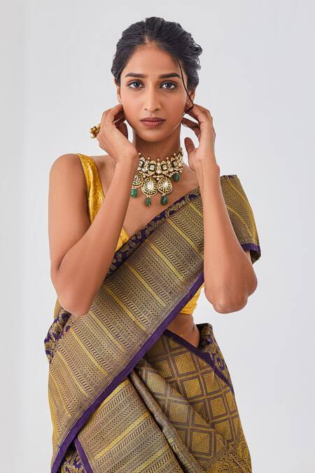 Buy_Paaprika_Blue Embroidery Peacock Kanjeevaram Silk Saree With Running Blouse Piece _Online_at_Aza_Fashions