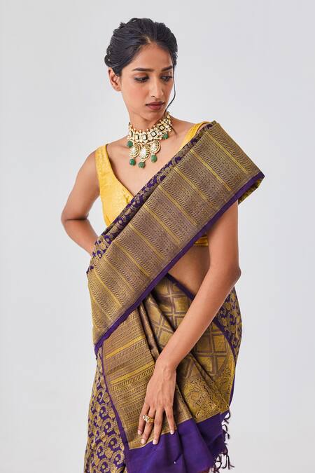 Shop_Paaprika_Blue Embroidery Peacock Kanjeevaram Silk Saree With Running Blouse Piece _Online_at_Aza_Fashions