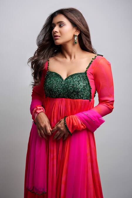 Harshita Singhvi_Pink Georgette, Net Crystals, Mirrors, Abstract Floral Anarkali With Dupatta_Online_at_Aza_Fashions