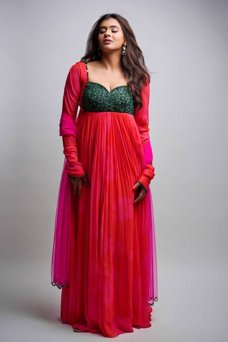 Buy_Harshita Singhvi_Pink Georgette, Net Crystals, Mirrors, Abstract Floral Anarkali With Dupatta_Online_at_Aza_Fashions