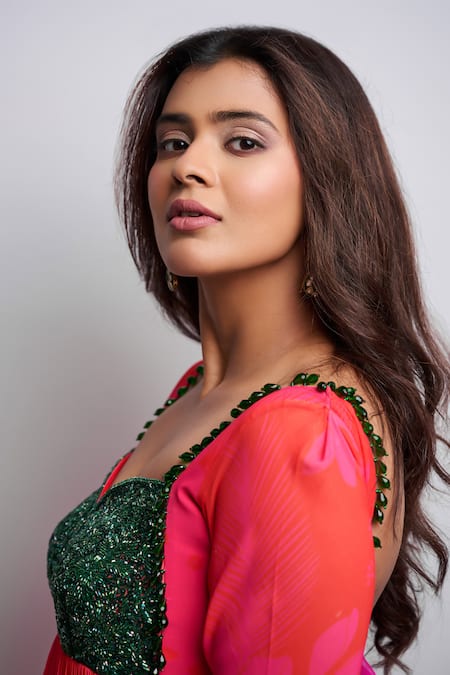 Shop_Harshita Singhvi_Pink Georgette, Net Crystals, Mirrors, Abstract Floral Anarkali With Dupatta_Online_at_Aza_Fashions