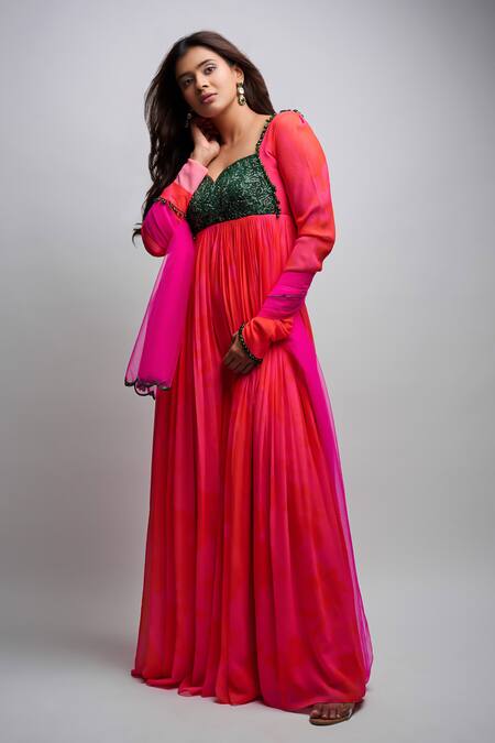 Harshita Singhvi_Pink Georgette, Net Crystals, Mirrors, Abstract Floral Anarkali With Dupatta_at_Aza_Fashions