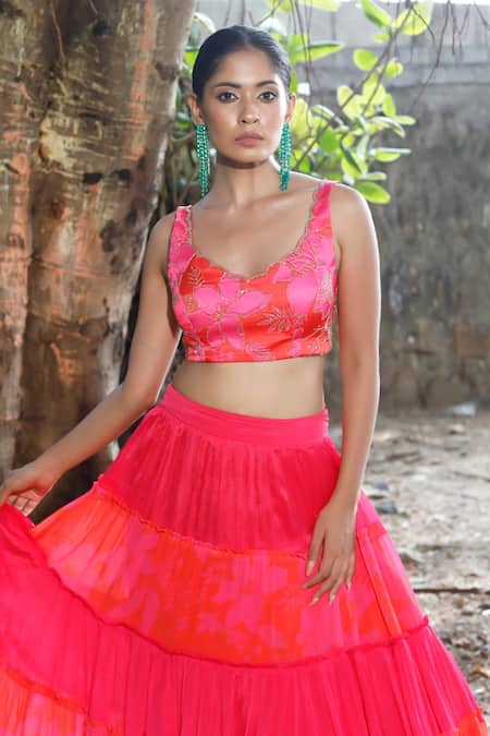 Harshita Singhvi_Pink Satin, Silk, Net, Chiffon, Georgette Tiered Ruffled Saree Skirt Set _Online_at_Aza_Fashions