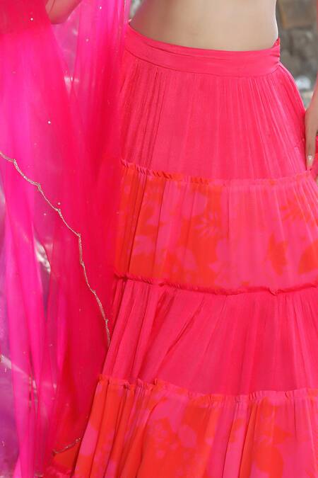 Shop_Harshita Singhvi_Pink Satin, Silk, Net, Chiffon, Georgette Tiered Ruffled Saree Skirt Set _Online_at_Aza_Fashions