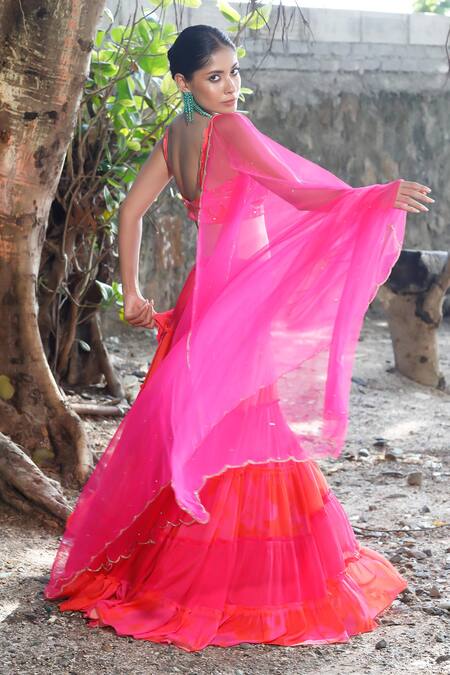 Harshita Singhvi_Pink Satin, Silk, Net, Chiffon, Georgette Tiered Ruffled Saree Skirt Set _at_Aza_Fashions