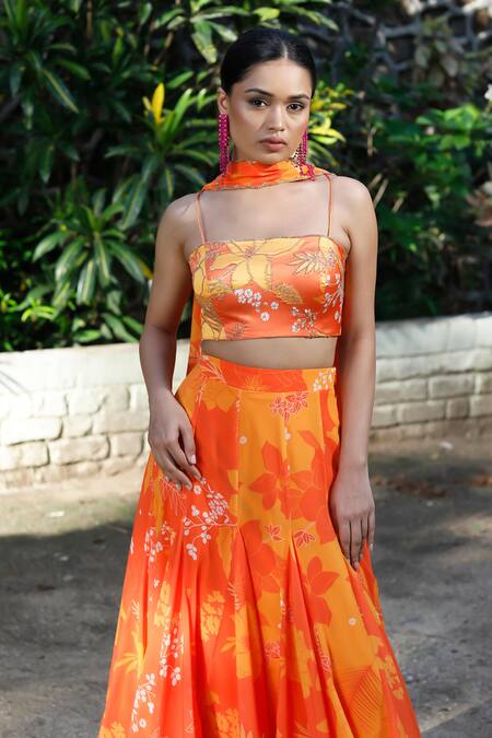 Shop_Harshita Singhvi_Yellow Satin, Silk, Georgette Embroidery, Sequins Floral High Low Skirt Set _Online_at_Aza_Fashions