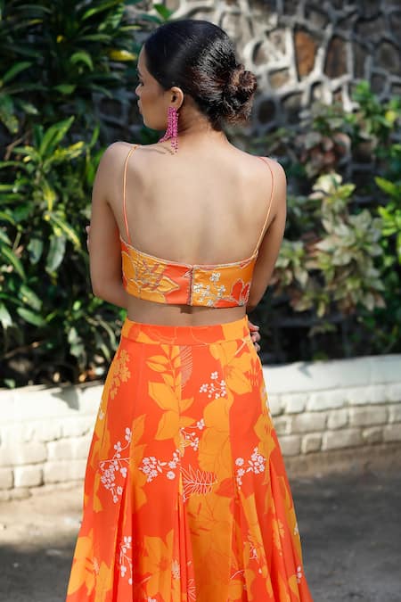 Harshita Singhvi_Yellow Satin, Silk, Georgette Embroidery, Sequins Floral High Low Skirt Set _at_Aza_Fashions