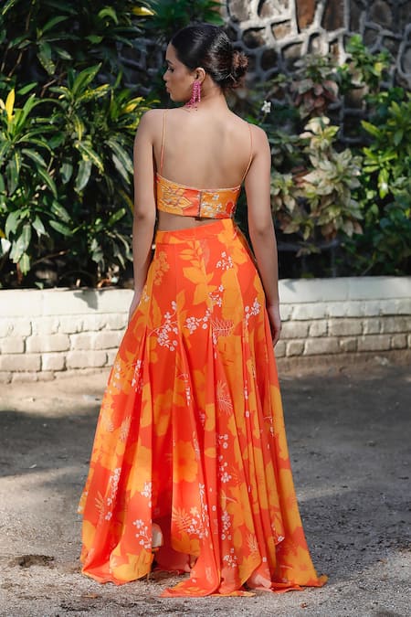 Buy_Harshita Singhvi_Yellow Satin, Silk, Georgette Embroidery, Sequins Floral High Low Skirt Set 