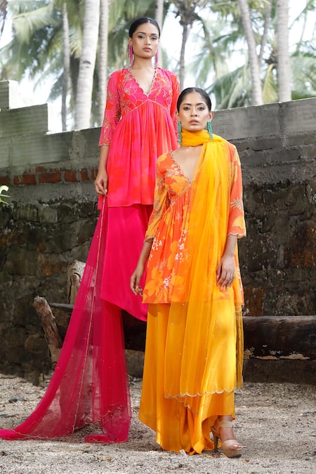 Buy Harshita Singhvi Yellow Georgette, Crepe, Net Cut Work, Embroidery, Floral Print Peplum Kurta Set Online at Aza Fashions Buy_Harshita Singhvi_Yellow Georgette, Crepe, Net Cut Work, Embroidery, Floral Print Peplum Kurta Set _Online_at_Aza_Fashions