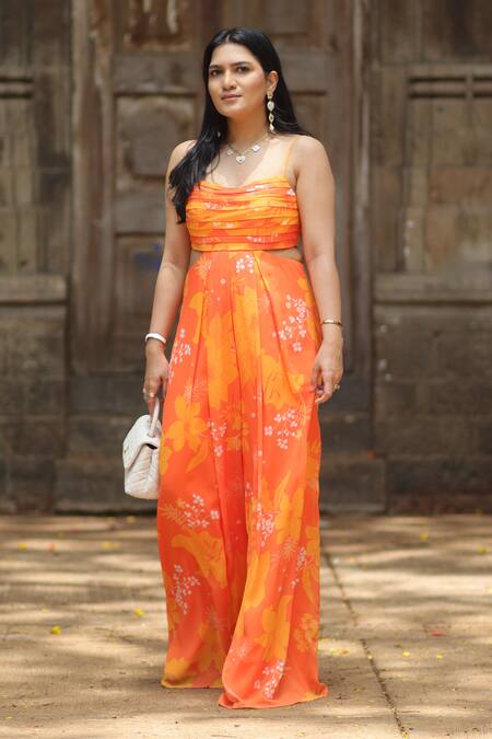 Harshita Singhvi_Yellow Georgette Square Neck Floral Leaf Print Jumpsuit _Online_at_Aza_Fashions