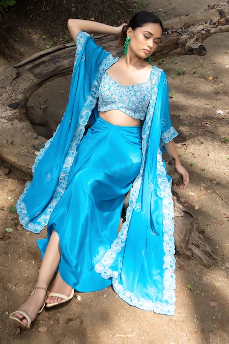 Harshita Singhvi Blue Crepe Embroidery, Mirrors Sweetheart Floral Border Cape Draped Skirt Set at Aza Fashions Harshita Singhvi_Blue Crepe Embroidery, Mirrors Sweetheart Floral Border Cape Draped Skirt Set _at_Aza_Fashions