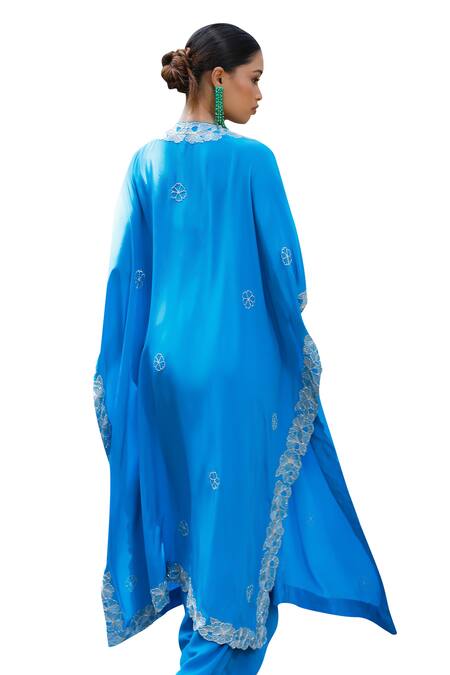 Shop Harshita Singhvi Blue Crepe Embroidery, Mirrors Sweetheart Floral Border Cape Draped Skirt Set Shop_Harshita Singhvi_Blue Crepe Embroidery, Mirrors Sweetheart Floral Border Cape Draped Skirt Set