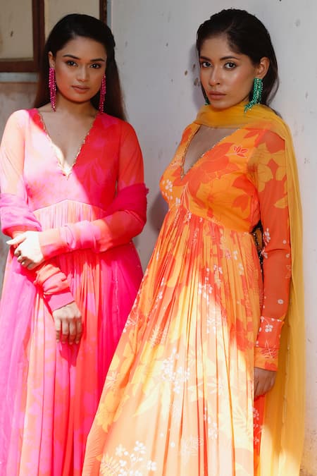 Buy Harshita Singhvi Yellow Georgette, Net V-neck Floral Print Anarkali With Dupatta Online at Aza Fashions Buy_Harshita Singhvi_Yellow Georgette, Net V-neck Floral Print Anarkali With Dupatta _Online_at_Aza_Fashions