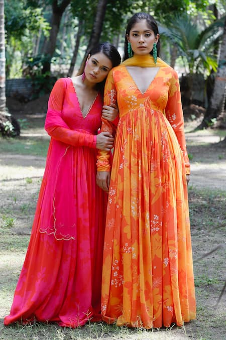 Harshita Singhvi Yellow Georgette, Net V-neck Floral Print Anarkali With Dupatta at Aza Fashions Harshita Singhvi_Yellow Georgette, Net V-neck Floral Print Anarkali With Dupatta _at_Aza_Fashions