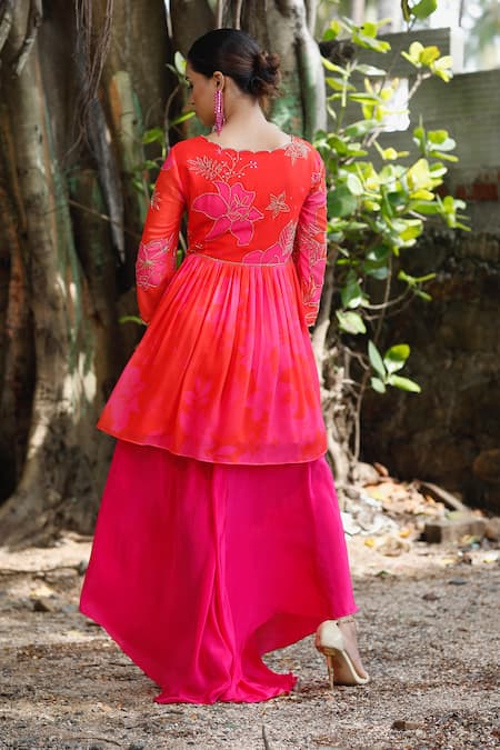 Shop Harshita Singhvi Pink Georgette, Crepe, Net Cut Work, Sequins, Floral Peplum Kurta Set at Aza Fashions Shop_Harshita Singhvi_Pink Georgette, Crepe, Net Cut Work, Sequins, Floral Peplum Kurta Set _at_Aza_Fashions