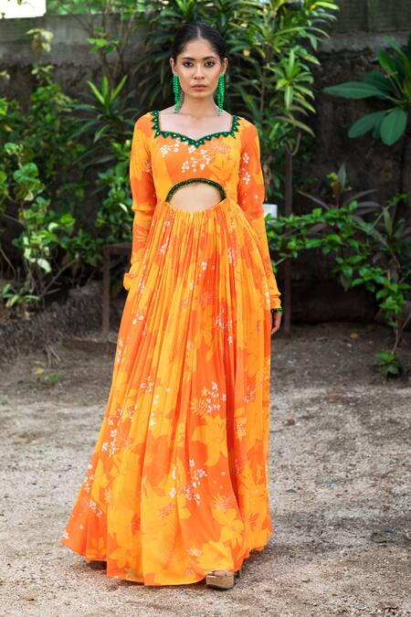 Buy Harshita Singhvi Yellow Georgette, Net Crystals, Mirrors, Bloom Print Anarkali With Dupatta Online at Aza Fashions Buy_Harshita Singhvi_Yellow Georgette, Net Crystals, Mirrors, Bloom Print Anarkali With Dupatta _Online_at_Aza_Fashions