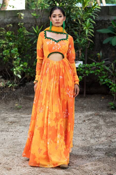 Shop Harshita Singhvi Yellow Georgette, Net Crystals, Mirrors, Bloom Print Anarkali With Dupatta Online at Aza Fashions Shop_Harshita Singhvi_Yellow Georgette, Net Crystals, Mirrors, Bloom Print Anarkali With Dupatta _Online_at_Aza_Fashions