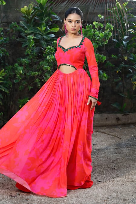 Harshita Singhvi Pink Georgette, Net Crystals, Mirrors, Flower Print Anarkali And Dupatta Set Online at Aza Fashions Harshita Singhvi_Pink Georgette, Net Crystals, Mirrors, Flower Print Anarkali And Dupatta Set _Online_at_Aza_Fashions