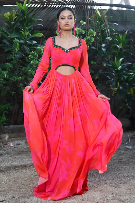 Buy Harshita Singhvi Pink Georgette, Net Crystals, Mirrors, Flower Print Anarkali And Dupatta Set Online at Aza Fashions Buy_Harshita Singhvi_Pink Georgette, Net Crystals, Mirrors, Flower Print Anarkali And Dupatta Set _Online_at_Aza_Fashions