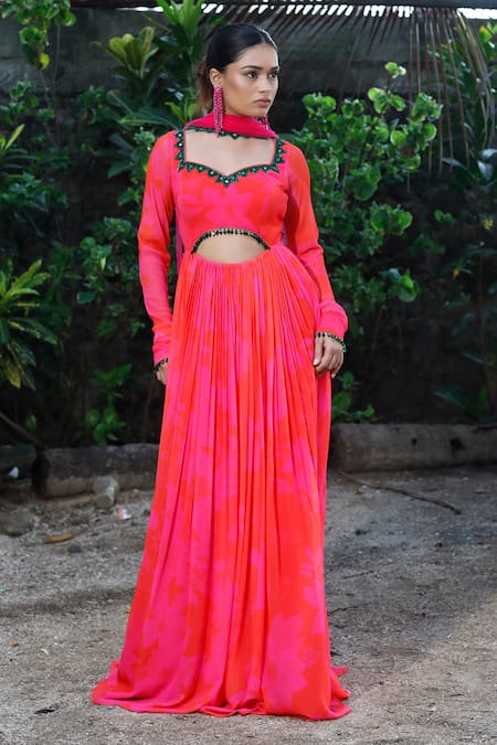 Shop Harshita Singhvi Pink Georgette, Net Crystals, Mirrors, Flower Print Anarkali And Dupatta Set Online at Aza Fashions Shop_Harshita Singhvi_Pink Georgette, Net Crystals, Mirrors, Flower Print Anarkali And Dupatta Set _Online_at_Aza_Fashions