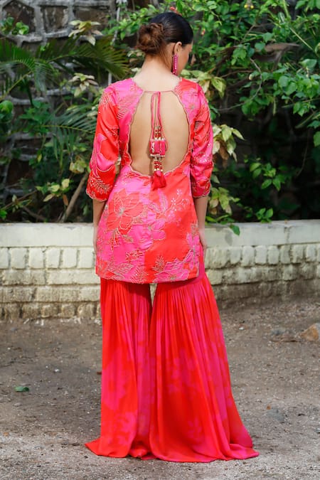 Shop Harshita Singhvi Pink Satin, Silk, Gabardine, Net Floral Print Embroidered Kurta Sharara Set at Aza Fashions Shop_Harshita Singhvi_Pink Satin, Silk, Gabardine, Net Floral Print Embroidered Kurta Sharara Set _at_Aza_Fashions