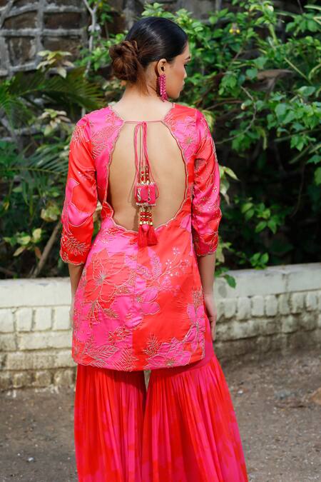 Buy Harshita Singhvi Pink Satin, Silk, Gabardine, Net Floral Print Embroidered Kurta Sharara Set Online at Aza Fashions Buy_Harshita Singhvi_Pink Satin, Silk, Gabardine, Net Floral Print Embroidered Kurta Sharara Set _Online_at_Aza_Fashions