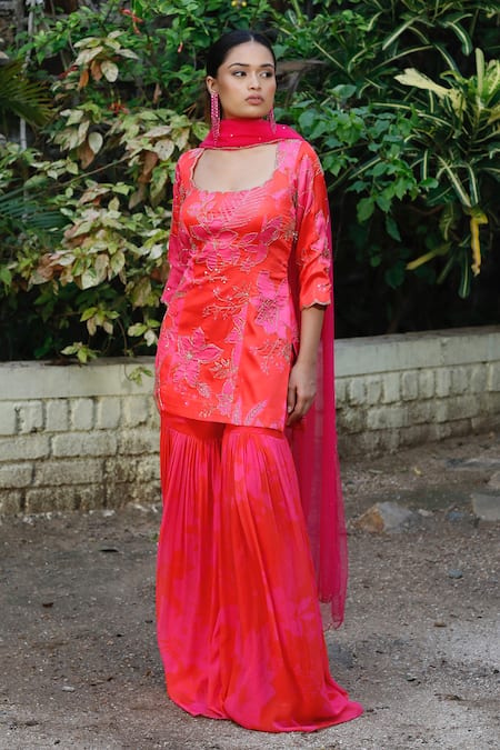 Shop Harshita Singhvi Pink Satin, Silk, Gabardine, Net Floral Print Embroidered Kurta Sharara Set Online at Aza Fashions Shop_Harshita Singhvi_Pink Satin, Silk, Gabardine, Net Floral Print Embroidered Kurta Sharara Set _Online_at_Aza_Fashions