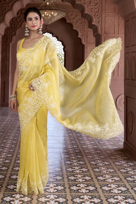 Aariyana Couture Yellow Silk Organza, Modal, Satin Sequins, Embroidery Floral Saree With Blouse Online at Aza Fashions Aariyana Couture_Yellow Silk Organza, Modal, Satin Sequins, Embroidery Floral Saree With Blouse_Online_at_Aza_Fashions
