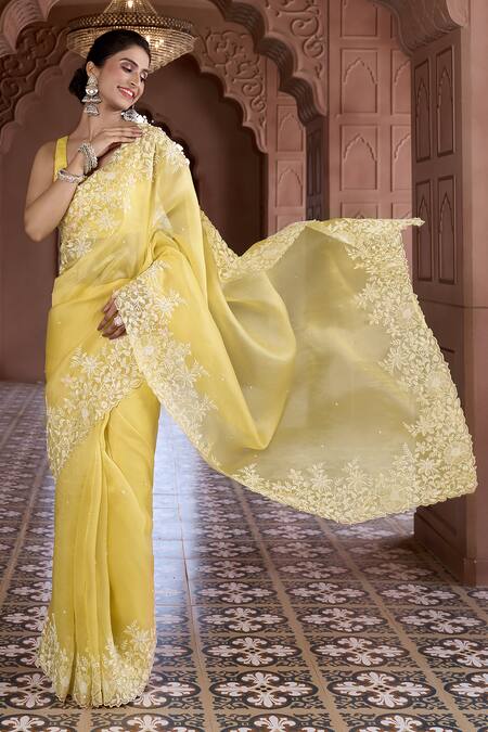 Buy Aariyana Couture Yellow Silk Organza, Modal, Satin Sequins, Embroidery Floral Saree With Blouse Online at Aza Fashions Buy_Aariyana Couture_Yellow Silk Organza, Modal, Satin Sequins, Embroidery Floral Saree With Blouse_Online_at_Aza_Fashions
