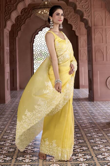 Shop Aariyana Couture Yellow Silk Organza, Modal, Satin Sequins, Embroidery Floral Saree With Blouse Online at Aza Fashions Shop_Aariyana Couture_Yellow Silk Organza, Modal, Satin Sequins, Embroidery Floral Saree With Blouse_Online_at_Aza_Fashions