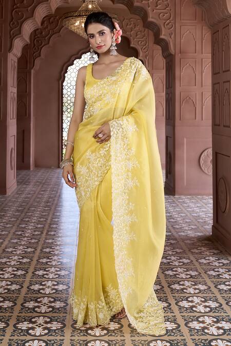 Aariyana Couture Yellow Silk Organza, Modal, Satin Sequins, Embroidery Floral Saree With Blouse at Aza Fashions Aariyana Couture_Yellow Silk Organza, Modal, Satin Sequins, Embroidery Floral Saree With Blouse_at_Aza_Fashions