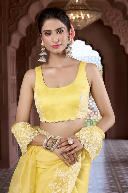 Shop Aariyana Couture Yellow Silk Organza, Modal, Satin Sequins, Embroidery Floral Saree With Blouse Shop_Aariyana Couture_Yellow Silk Organza, Modal, Satin Sequins, Embroidery Floral Saree With Blouse