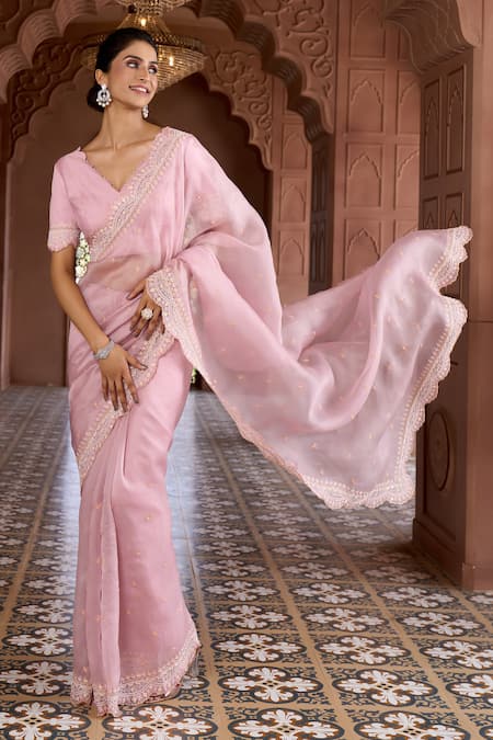 Buy Aariyana Couture Pink Silk Organza, Modal, Satin Embroidery Scallop Border Saree With Blouse Online at Aza Fashions Buy_Aariyana Couture_Pink Silk Organza, Modal, Satin Embroidery Scallop Border Saree With Blouse _Online_at_Aza_Fashions