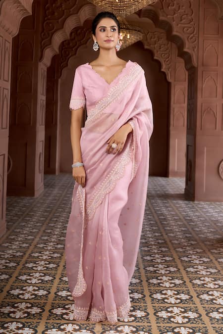 Shop Aariyana Couture Pink Silk Organza, Modal, Satin Embroidery Scallop Border Saree With Blouse Online at Aza Fashions Shop_Aariyana Couture_Pink Silk Organza, Modal, Satin Embroidery Scallop Border Saree With Blouse _Online_at_Aza_Fashions
