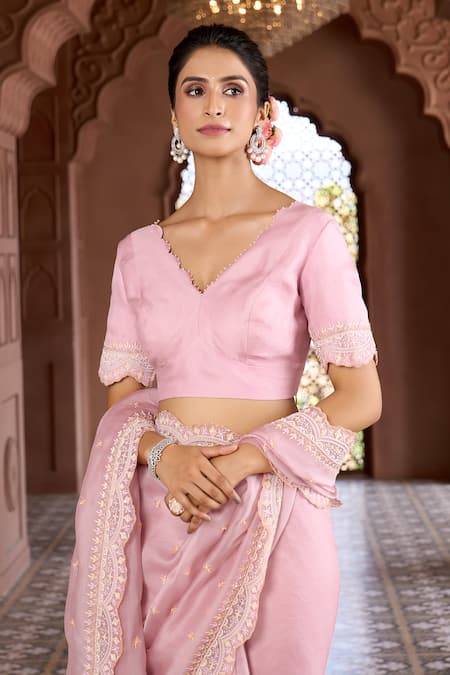Aariyana Couture Pink Silk Organza, Modal, Satin Embroidery Scallop Border Saree With Blouse at Aza Fashions Aariyana Couture_Pink Silk Organza, Modal, Satin Embroidery Scallop Border Saree With Blouse _at_Aza_Fashions