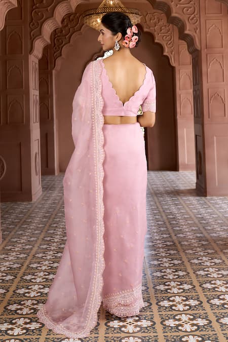 Buy Aariyana Couture Pink Silk Organza, Modal, Satin Embroidery Scallop Border Saree With Blouse Buy_Aariyana Couture_Pink Silk Organza, Modal, Satin Embroidery Scallop Border Saree With Blouse