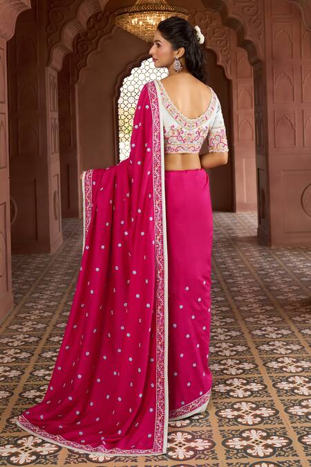 Shop Aariyana Couture Pink Silk, Modal, Satin, Kota Doria Embroidery Floral Thread Saree With Blouse at Aza Fashions Shop_Aariyana Couture_Pink Silk, Modal, Satin, Kota Doria Embroidery Floral Thread Saree With Blouse_at_Aza_Fashions