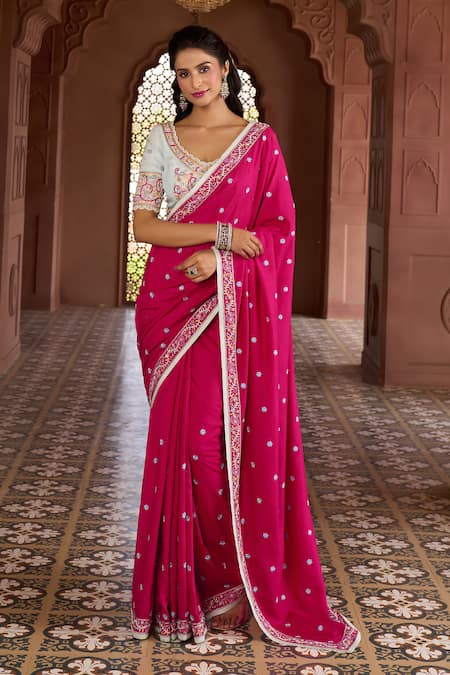Buy Aariyana Couture Pink Silk, Modal, Satin, Kota Doria Embroidery Floral Thread Saree With Blouse Online at Aza Fashions Buy_Aariyana Couture_Pink Silk, Modal, Satin, Kota Doria Embroidery Floral Thread Saree With Blouse_Online_at_Aza_Fashions