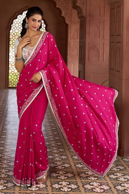 Shop Aariyana Couture Pink Silk, Modal, Satin, Kota Doria Embroidery Floral Thread Saree With Blouse Online at Aza Fashions Shop_Aariyana Couture_Pink Silk, Modal, Satin, Kota Doria Embroidery Floral Thread Saree With Blouse_Online_at_Aza_Fashions