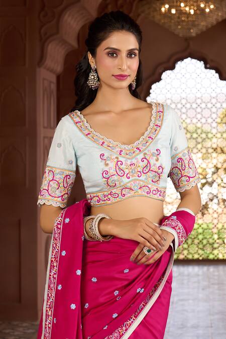 Aariyana Couture Pink Silk, Modal, Satin, Kota Doria Embroidery Floral Thread Saree With Blouse at Aza Fashions Aariyana Couture_Pink Silk, Modal, Satin, Kota Doria Embroidery Floral Thread Saree With Blouse_at_Aza_Fashions